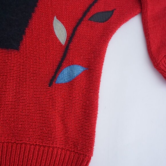Vintage Franco Valeri Red Knit Black V-Neck Details Colourful Leaves Sweater S - Picture 6 of 11